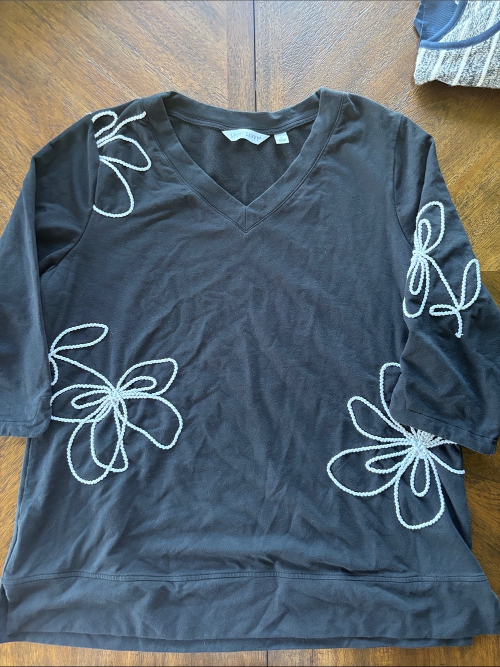 Soft Surroundings Black V-Neck Tunic with Cream Floral Rope Detail